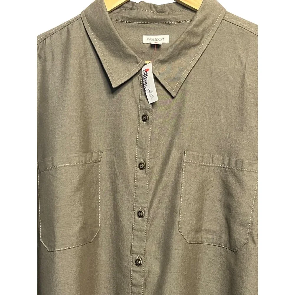 NWT Westport Women 3X Button-Up Shirt Olive Embroidered Pockets Roll-Tab Sleeve - Picture 3 of 16